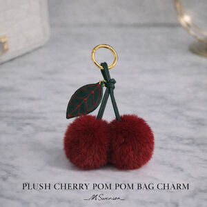 NEW Plush Cherry Pom Pom Bag Charm Keychain | Faux Fur | Dark Cherry Red